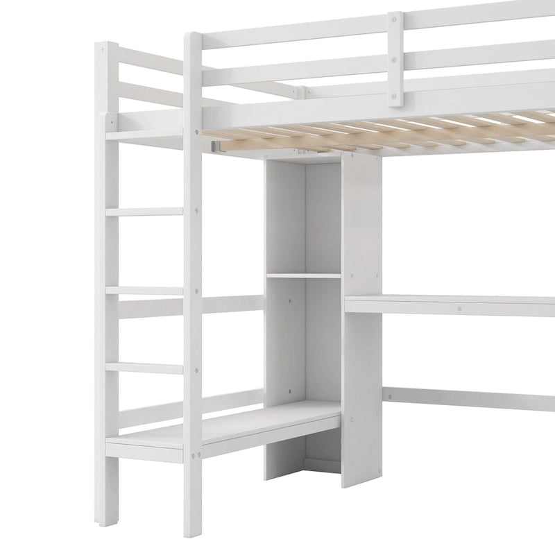 Full Size Loft Bed with Storage Shelves and Desk, Multi-functional Kids Bed Frame with Open Bookcase
