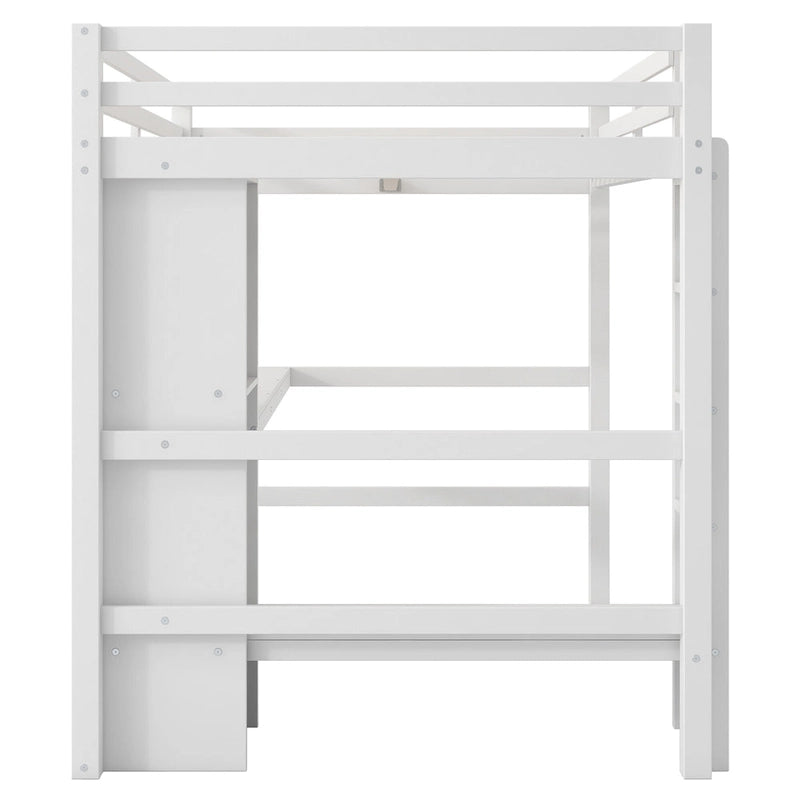Full Size Loft Bed with Storage Shelves and Desk, Multi-functional Kids Bed Frame with Open Bookcase