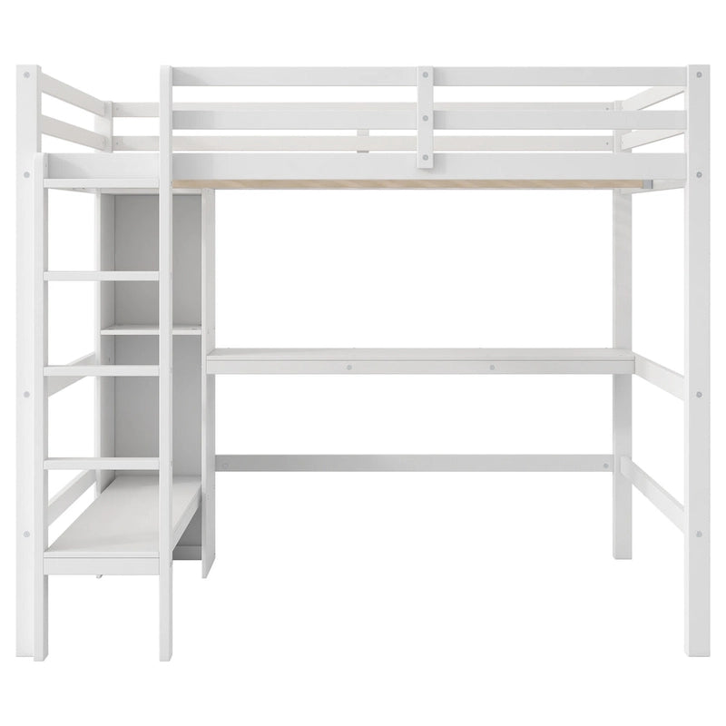 Full Size Loft Bed with Storage Shelves and Desk, Multi-functional Kids Bed Frame with Open Bookcase