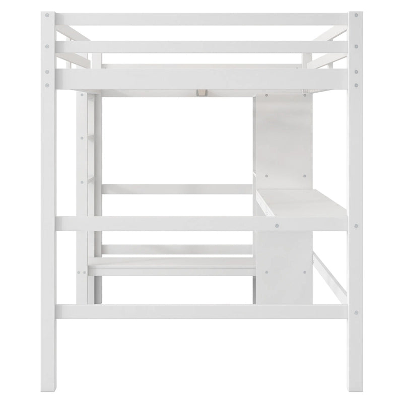 Full Size Loft Bed with Storage Shelves and Desk, Multi-functional Kids Bed Frame with Open Bookcase