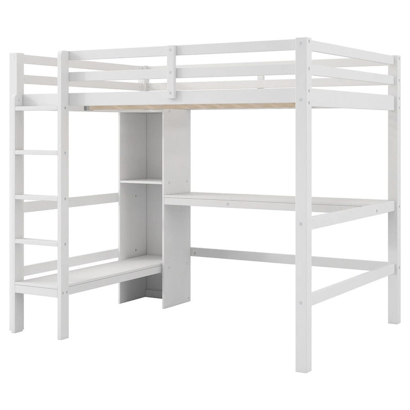 Full Size Loft Bed with Storage Shelves and Desk, Multi-functional Kids Bed Frame with Open Bookcase
