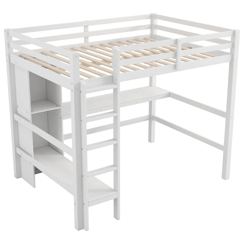 Full Size Loft Bed with Storage Shelves and Desk, Multi-functional Kids Bed Frame with Open Bookcase