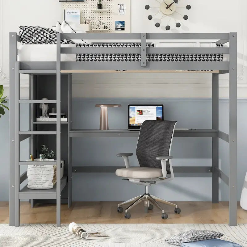 Full Size Loft Bed with Storage Shelves and Desk, Multi-functional Kids Bed Frame with Open Bookcase