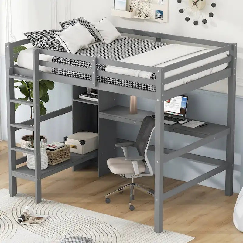 Full Size Loft Bed with Storage Shelves and Desk, Multi-functional Kids Bed Frame with Open Bookcase