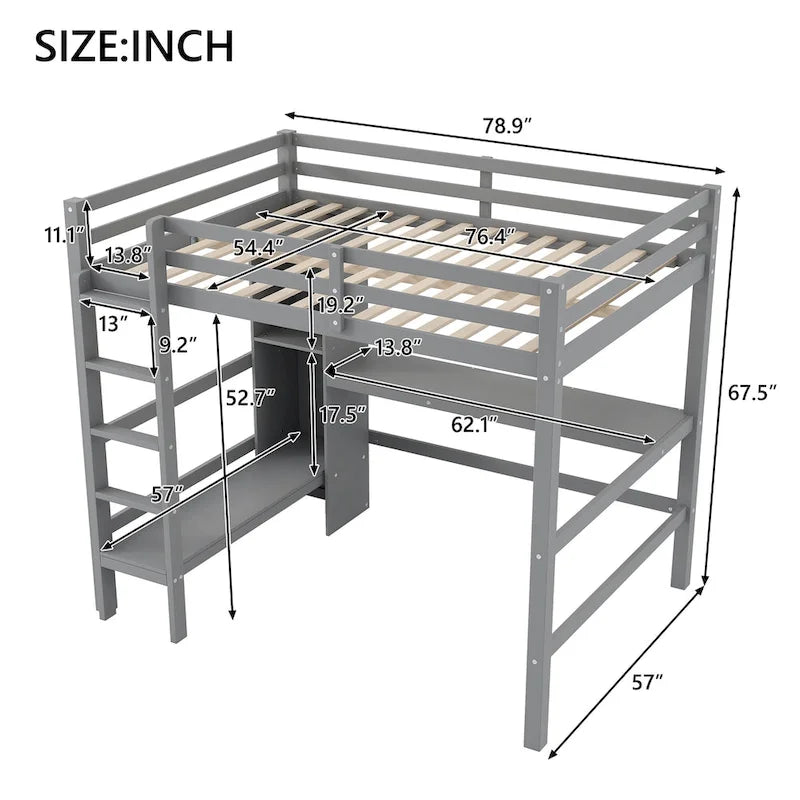 Full Size Loft Bed with Storage Shelves and Desk, Multi-functional Kids Bed Frame with Open Bookcase
