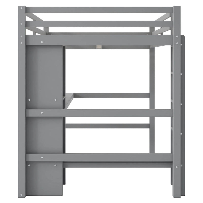 Full Size Loft Bed with Storage Shelves and Desk, Multi-functional Kids Bed Frame with Open Bookcase