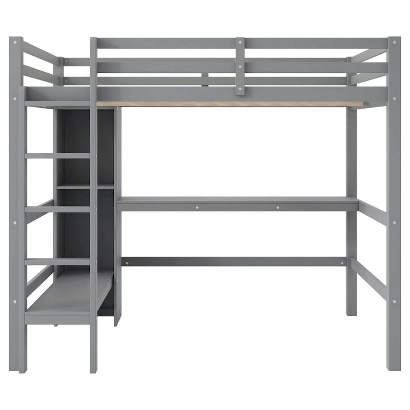 Full Size Loft Bed with Storage Shelves and Desk, Multi-functional Kids Bed Frame with Open Bookcase