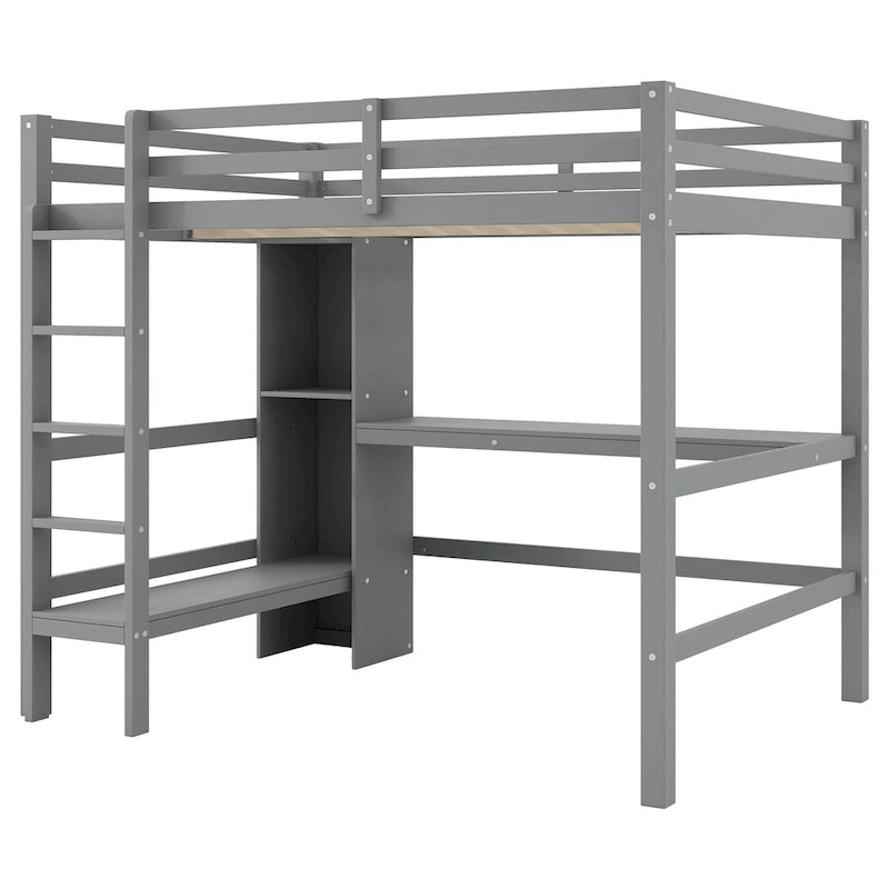 Full Size Loft Bed with Storage Shelves and Desk, Multi-functional Kids Bed Frame with Open Bookcase