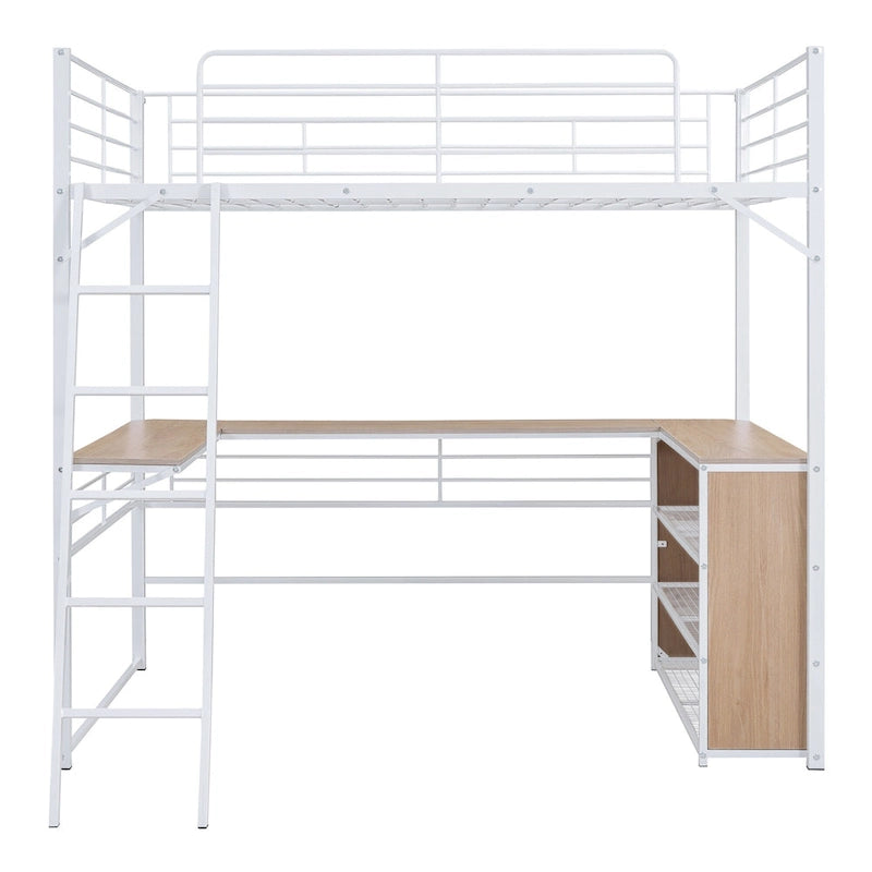 Metal Loft Bed with Under Bed L-shaped Desk and 3 Storage Shelves, Movable Ladder High Loft Bed