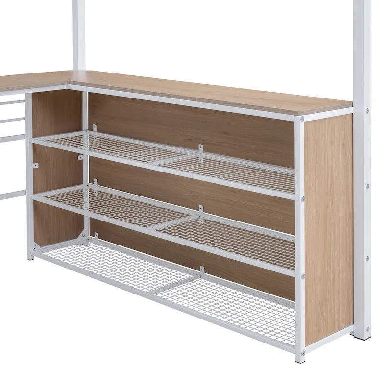 Metal Loft Bed with Under Bed L-shaped Desk and 3 Storage Shelves, Movable Ladder High Loft Bed