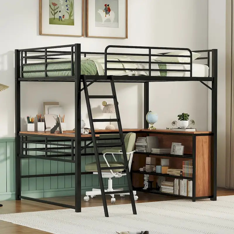 Metal Loft Bed with Under Bed L-shaped Desk and 3 Storage Shelves, Movable Ladder High Loft Bed