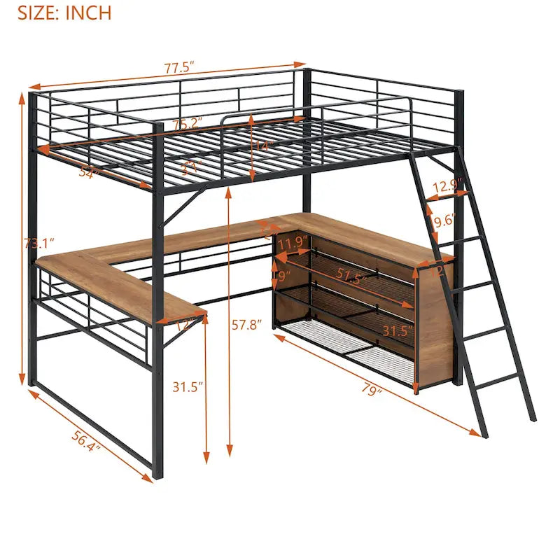 Metal Loft Bed with Under Bed L-shaped Desk and 3 Storage Shelves, Movable Ladder High Loft Bed