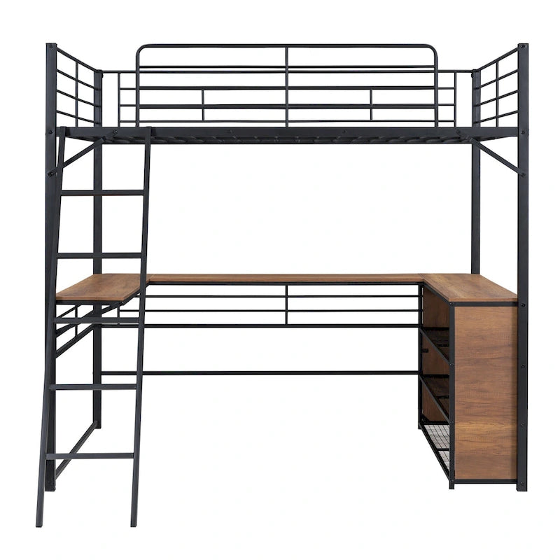 Metal Loft Bed with Under Bed L-shaped Desk and 3 Storage Shelves, Movable Ladder High Loft Bed