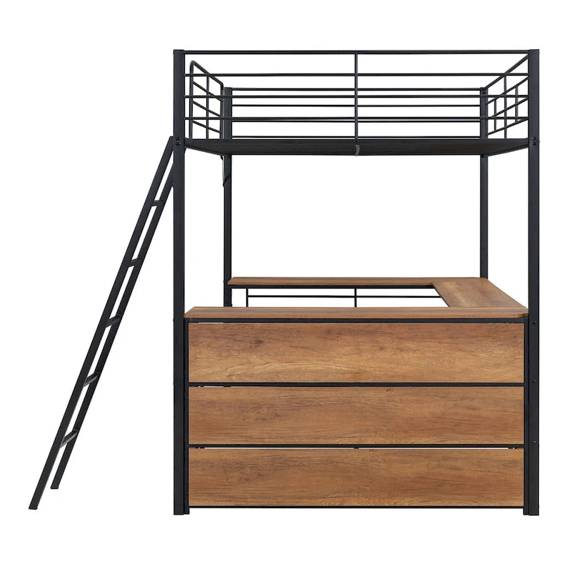 Metal Loft Bed with Under Bed L-shaped Desk and 3 Storage Shelves, Movable Ladder High Loft Bed