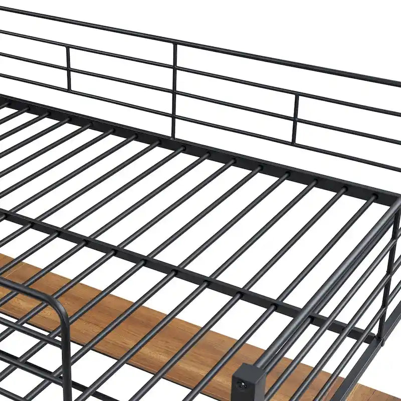 Metal Loft Bed with Under Bed L-shaped Desk and 3 Storage Shelves, Movable Ladder High Loft Bed