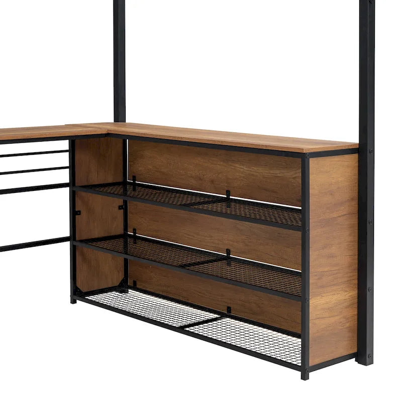 Metal Loft Bed with Under Bed L-shaped Desk and 3 Storage Shelves, Movable Ladder High Loft Bed