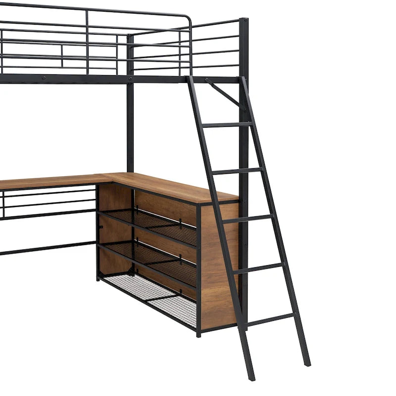 Metal Loft Bed with Under Bed L-shaped Desk and 3 Storage Shelves, Movable Ladder High Loft Bed