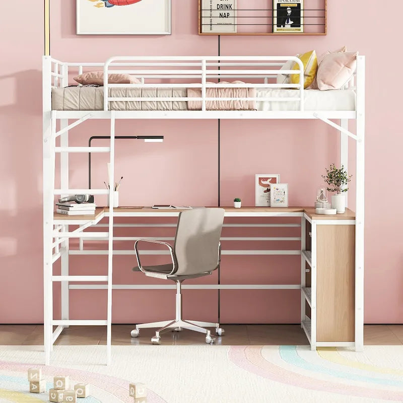 Metal Loft Bed with Under Bed L-shaped Desk and 3 Storage Shelves, Movable Ladder High Loft Bed