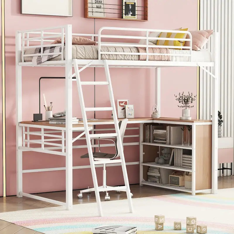 Metal Loft Bed with Under Bed L-shaped Desk and 3 Storage Shelves, Movable Ladder High Loft Bed