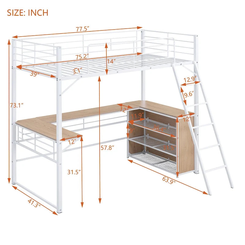 Metal Loft Bed with Under Bed L-shaped Desk and 3 Storage Shelves, Movable Ladder High Loft Bed
