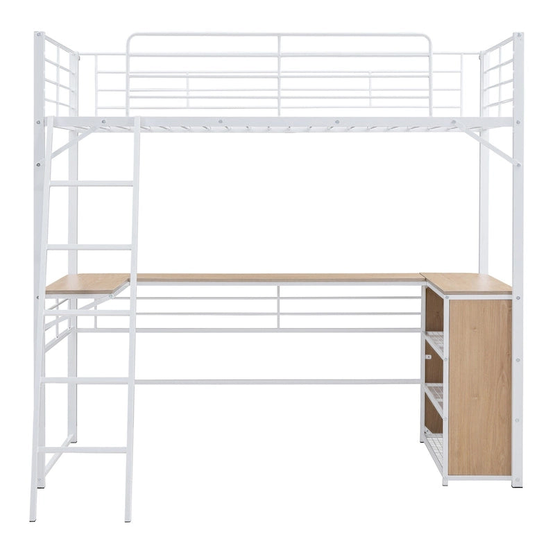 Metal Loft Bed with Under Bed L-shaped Desk and 3 Storage Shelves, Movable Ladder High Loft Bed