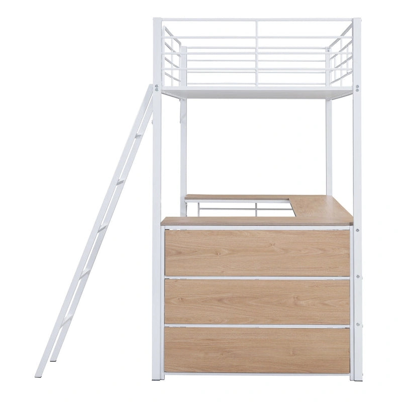 Metal Loft Bed with Under Bed L-shaped Desk and 3 Storage Shelves, Movable Ladder High Loft Bed