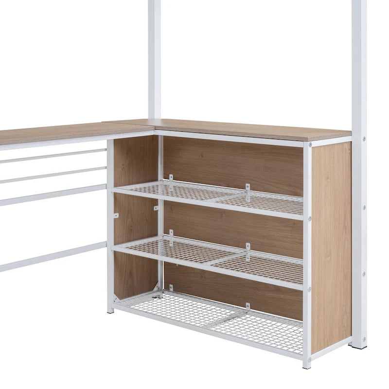 Metal Loft Bed with Under Bed L-shaped Desk and 3 Storage Shelves, Movable Ladder High Loft Bed