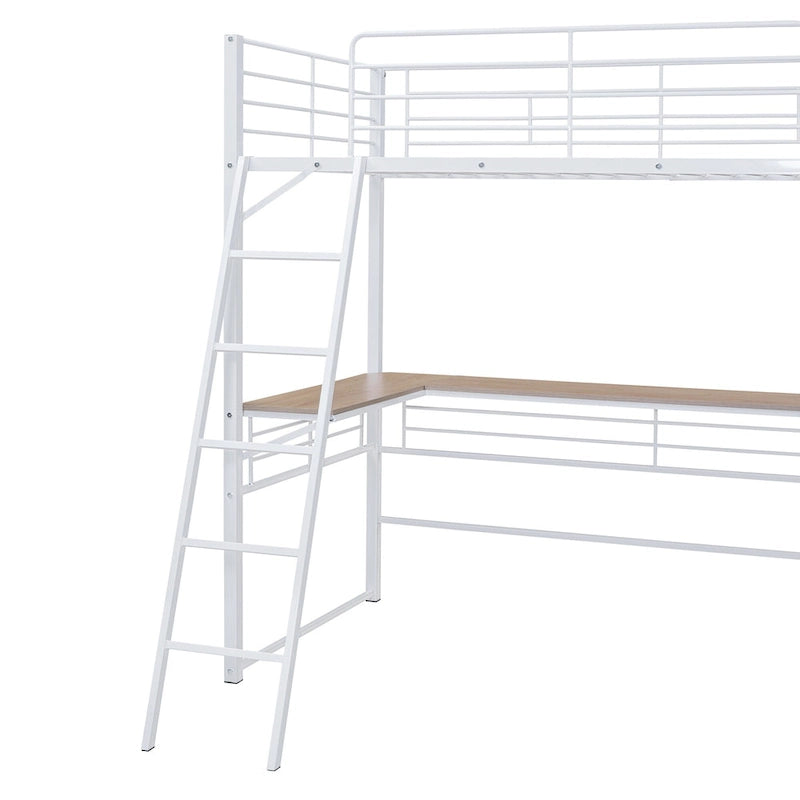 Metal Loft Bed with Under Bed L-shaped Desk and 3 Storage Shelves, Movable Ladder High Loft Bed