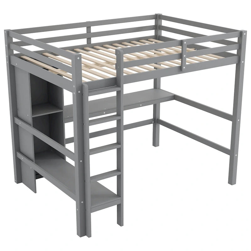 Wood Loft Bed w/Slats Support, Full Size Bed Frame with Multifunction Shelves, Full-length Guardrail and Under-bed Desk