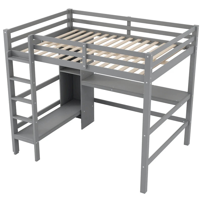 Wood Loft Bed w/Slats Support, Full Size Bed Frame with Multifunction Shelves, Full-length Guardrail and Under-bed Desk