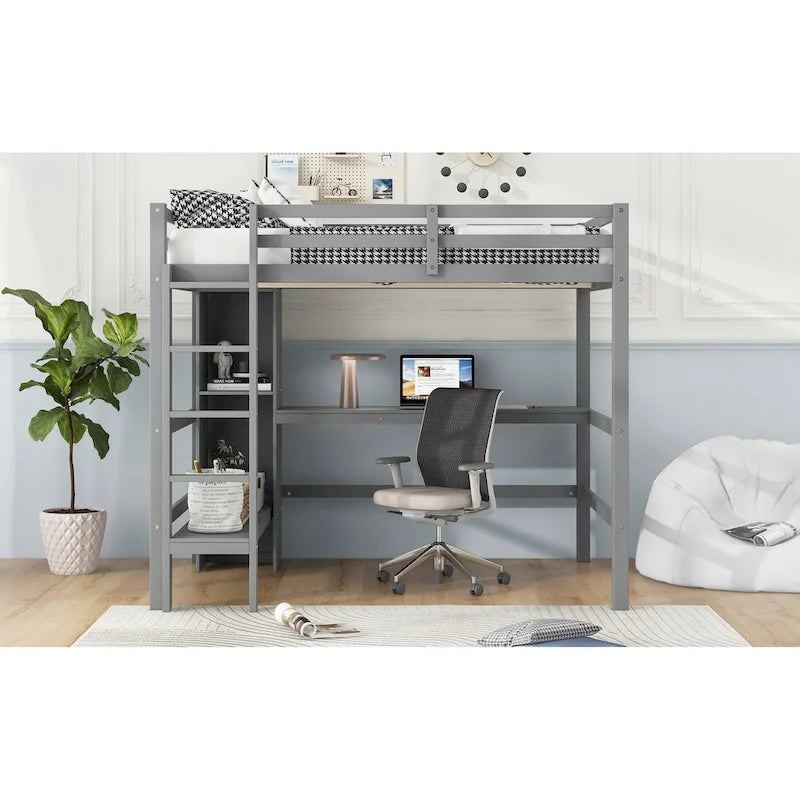 Wood Loft Bed w/Slats Support, Full Size Bed Frame with Multifunction Shelves, Full-length Guardrail and Under-bed Desk