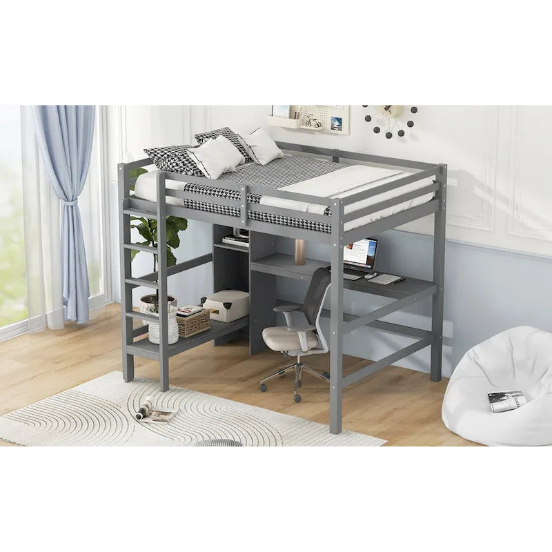 Wood Loft Bed w/Slats Support, Full Size Bed Frame with Multifunction Shelves, Full-length Guardrail and Under-bed Desk