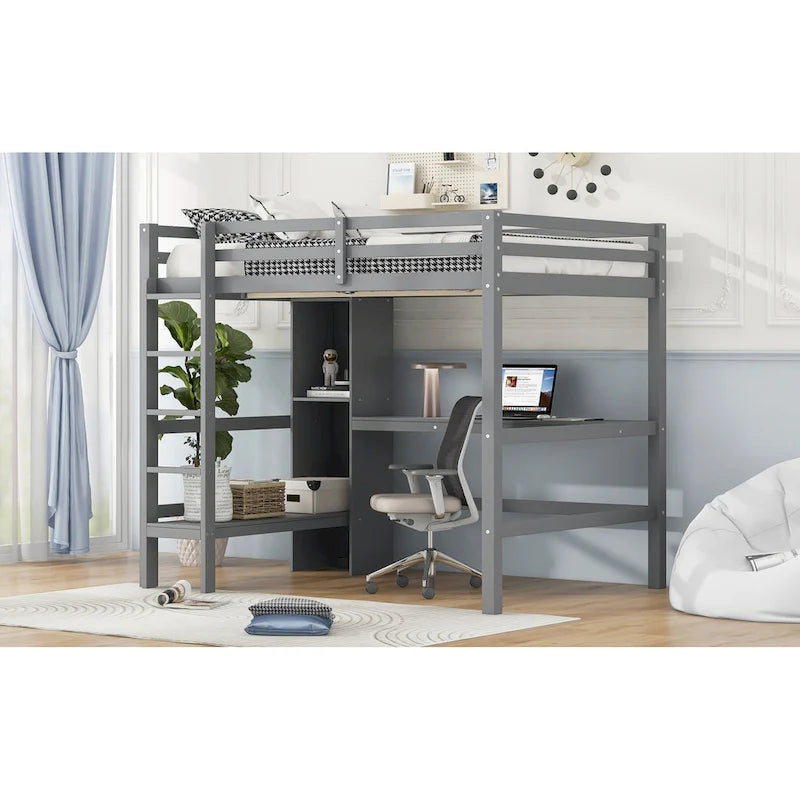 Wood Loft Bed w/Slats Support, Full Size Bed Frame with Multifunction Shelves, Full-length Guardrail and Under-bed Desk