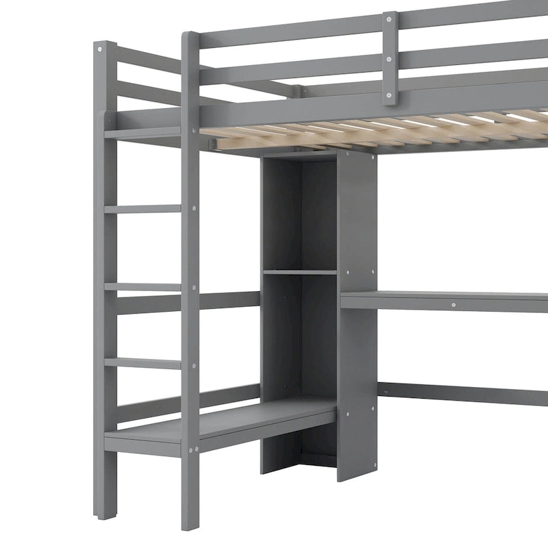 Wood Loft Bed w/Slats Support, Full Size Bed Frame with Multifunction Shelves, Full-length Guardrail and Under-bed Desk