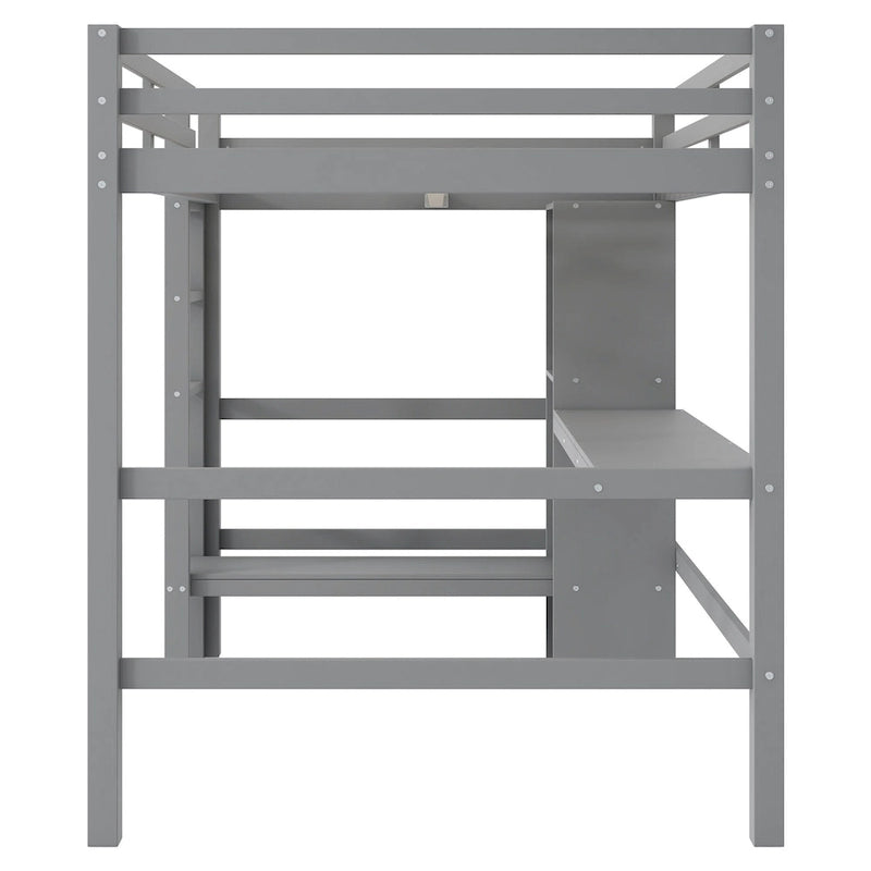 Wood Loft Bed w/Slats Support, Full Size Bed Frame with Multifunction Shelves, Full-length Guardrail and Under-bed Desk