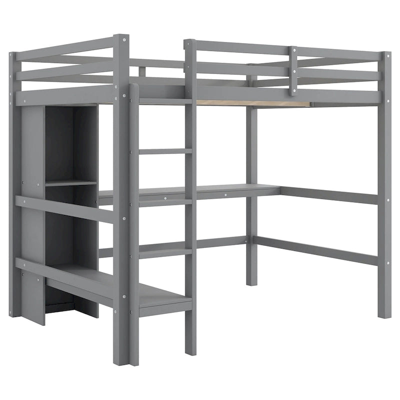 Wood Loft Bed w/Slats Support, Full Size Bed Frame with Multifunction Shelves, Full-length Guardrail and Under-bed Desk