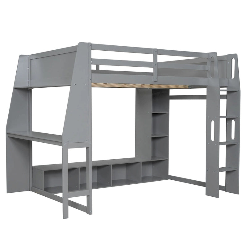Teens Wood Gaming Loft Bed with Multi-Storage Shelves & Under-Bed Desk, Bedroom Bed Frame with LED & a Hanging Clothes Rack
