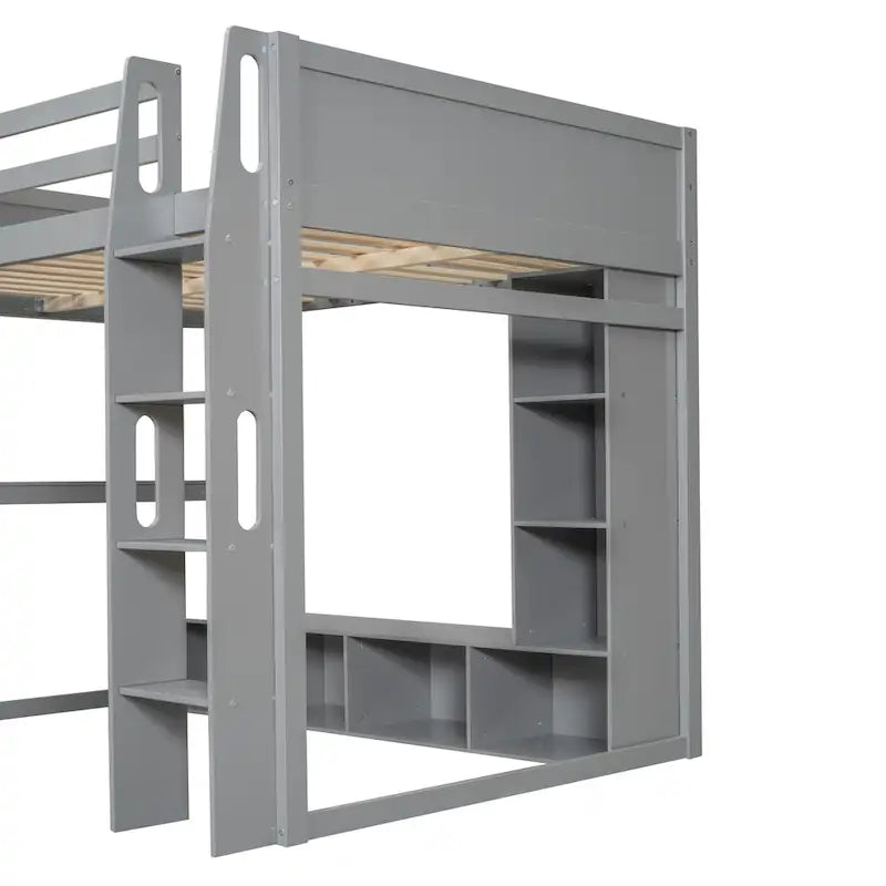 Teens Wood Gaming Loft Bed with Multi-Storage Shelves & Under-Bed Desk, Bedroom Bed Frame with LED & a Hanging Clothes Rack