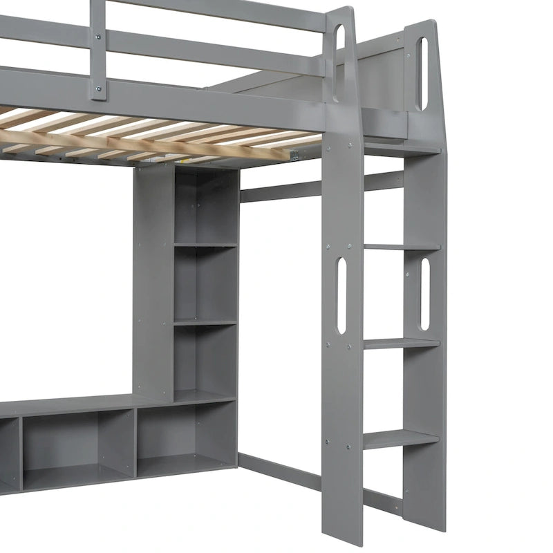Teens Wood Gaming Loft Bed with Multi-Storage Shelves & Under-Bed Desk, Bedroom Bed Frame with LED & a Hanging Clothes Rack