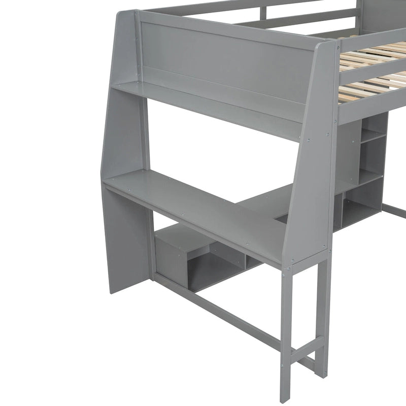 Teens Wood Gaming Loft Bed with Multi-Storage Shelves & Under-Bed Desk, Bedroom Bed Frame with LED & a Hanging Clothes Rack