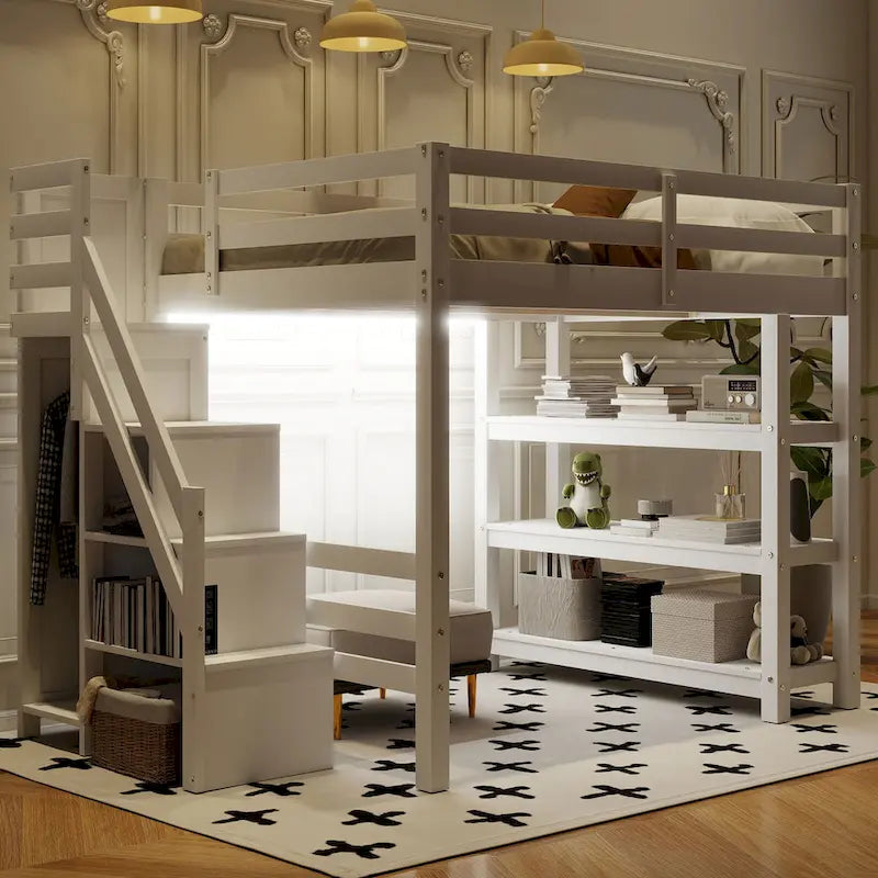 White High Wood Loft Bed with Storage Staircase, 4-Layer Open Shelves and Small Wardrobe, LED Loft Bed Frame for Girls or Boys