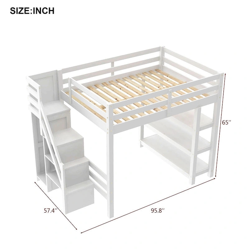 White High Wood Loft Bed with Storage Staircase, 4-Layer Open Shelves and Small Wardrobe, LED Loft Bed Frame for Girls or Boys