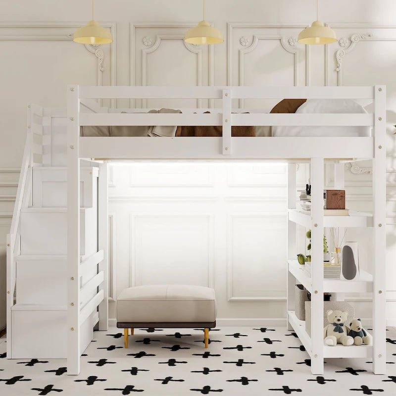 White High Wood Loft Bed with Storage Staircase, 4-Layer Open Shelves and Small Wardrobe, LED Loft Bed Frame for Girls or Boys