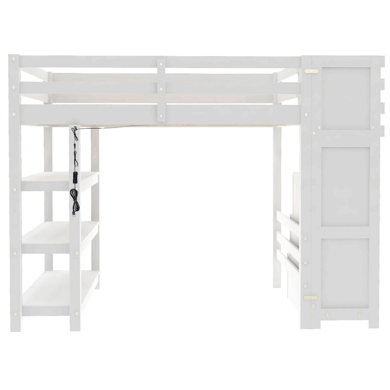 White High Wood Loft Bed with Storage Staircase, 4-Layer Open Shelves and Small Wardrobe, LED Loft Bed Frame for Girls or Boys