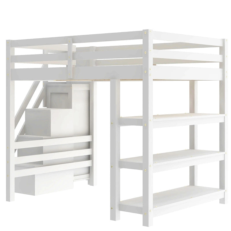 White High Wood Loft Bed with Storage Staircase, 4-Layer Open Shelves and Small Wardrobe, LED Loft Bed Frame for Girls or Boys