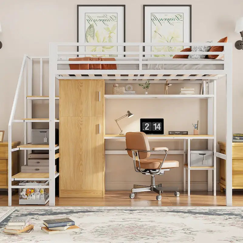 Twin Loft Bed with Desk & Storage Shelf, Full Guardrails Metal Kids Loft Bed with Storage Staircase & Wardrobe for Kids, Teens