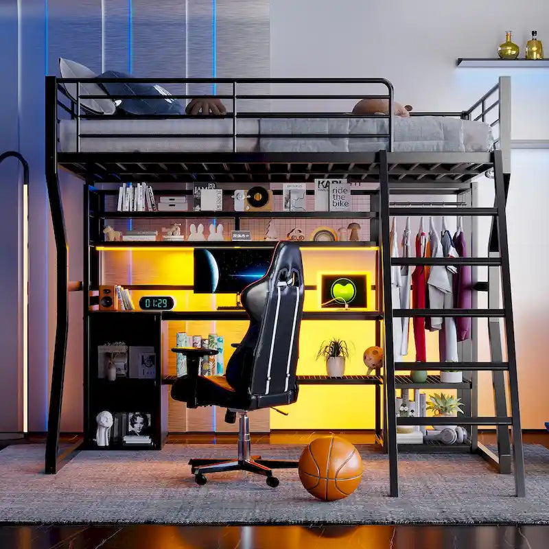 Full Size Black Metal Gaming Loft Bed w/ Open Wardrobe & Built-in Work Station, LED Storage Loft Bed Frame for Kids,Teens,Adults