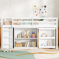Twin Size Kids Low Loft Bed with Storage Drawer & Pull-Out Desk, Dorms Wood Bed Frame Space-Saving with Safety Guardrail