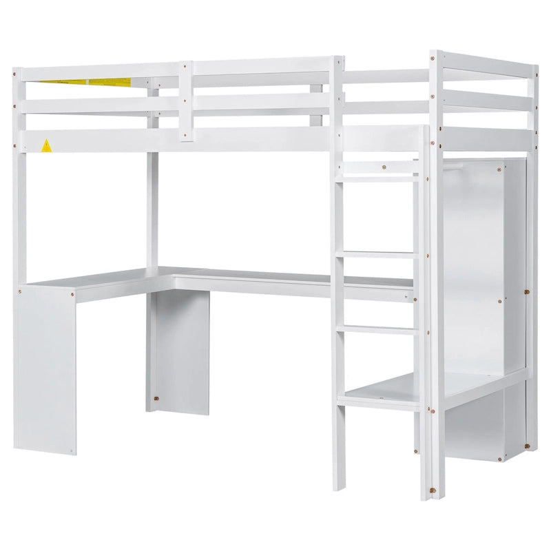 Twin Size Solid Wiood Loft Bed with L-shaped Desk, Wardrobe and Storage Shelves