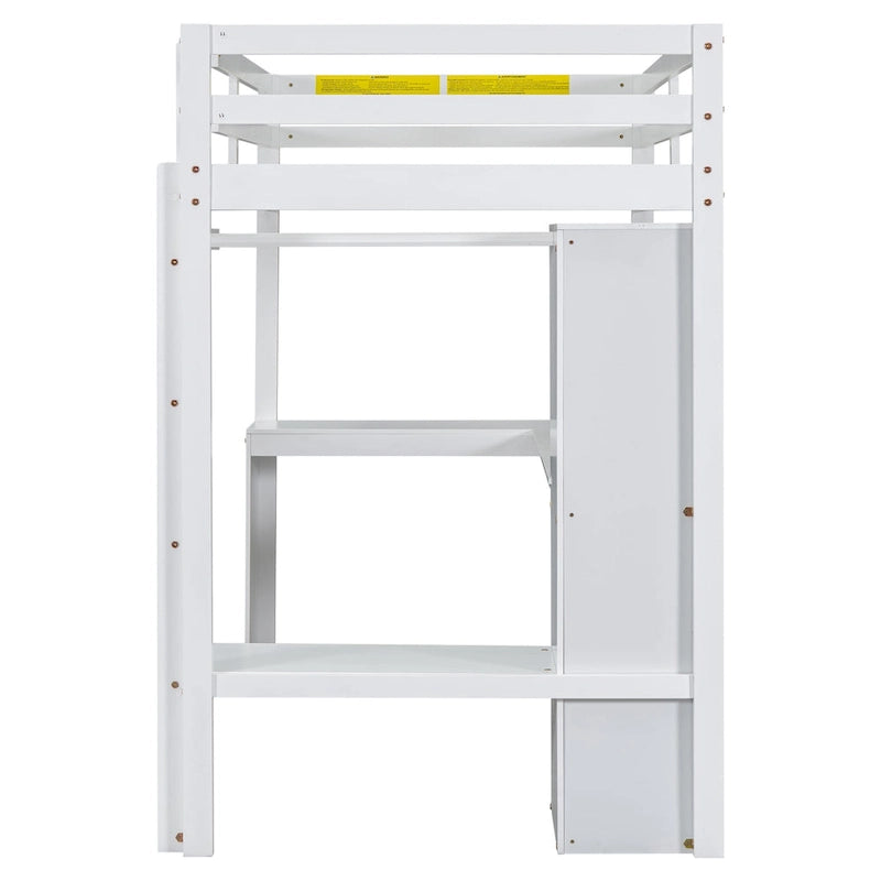 Twin Size Solid Wiood Loft Bed with L-shaped Desk, Wardrobe and Storage Shelves